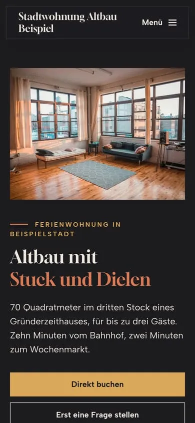 Startseite der Stadtwohnung Altbau Beispiel in Anthrazit, Messing und Terrakotta am Handy