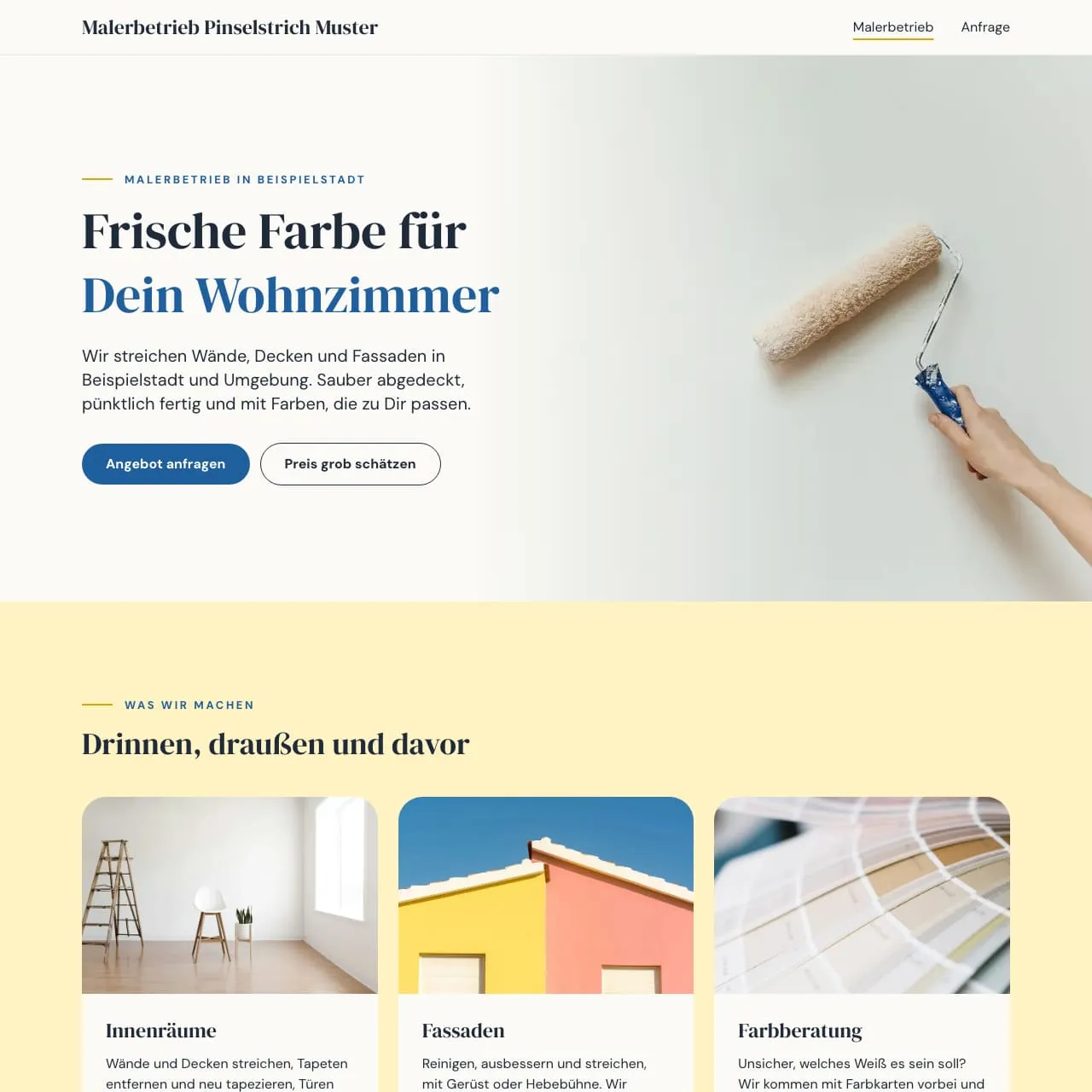 Startseite vom Malerbetrieb Pinselstrich Muster in Kalkweiß, Himmelblau und Pastellgelb am Rechner