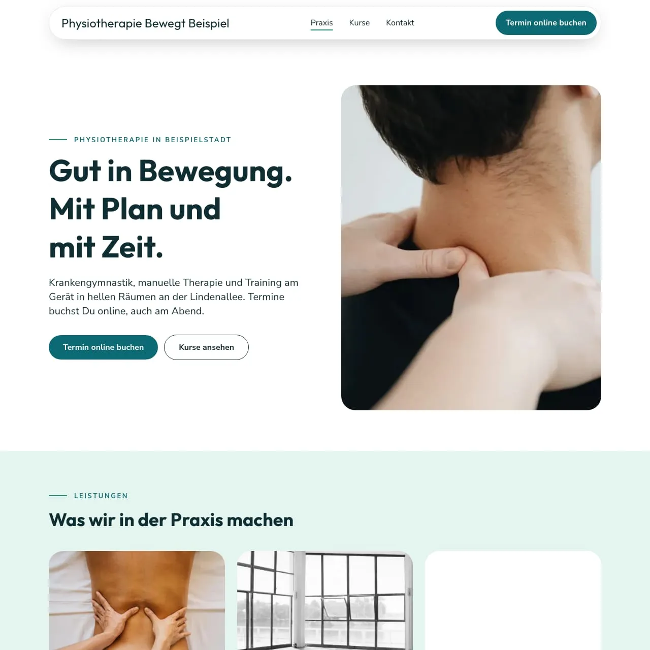 Startseite von Physiotherapie Bewegt Beispiel in Weiß, Mint und Petrol am Rechner